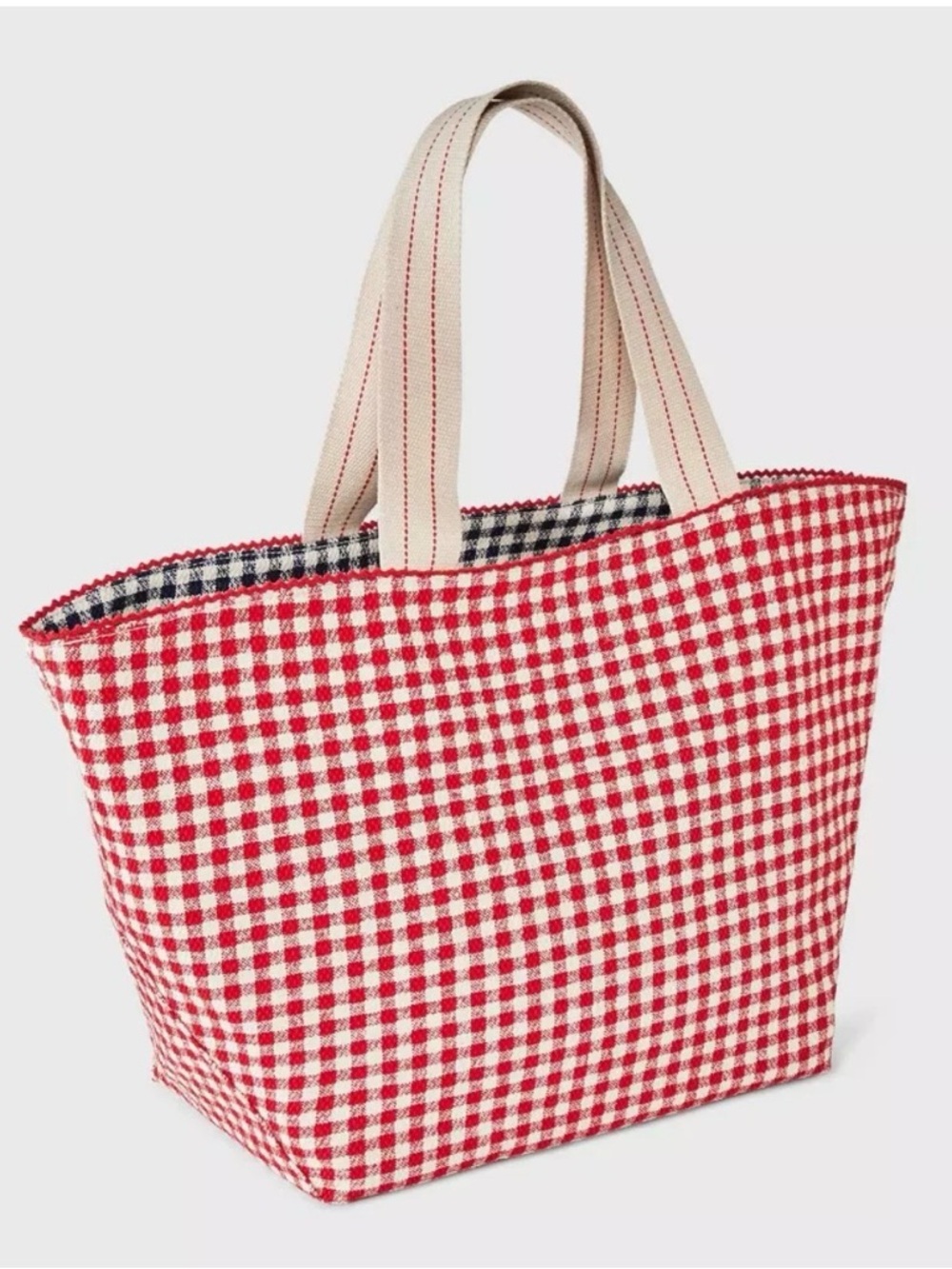 Spacious Reversible Canvas Tote Handbag -  Red & Navy Gingham - Picture 12 of 14